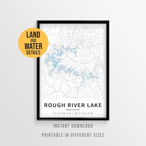 Póster del mapa del lago Rough River, decoración imprimible para casa de lago de Kentucky (descarga instantánea)