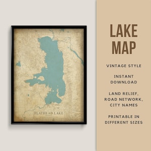 Printable Vintage Style Map of Flathead Lake, Montana, USA with City names - Instant Download \ Lake Map \ Wall Art\ Lake House \ Map Poster