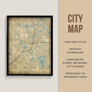 Afdrukbare vintage kaart van Orlando, Florida, Verenigde Staten - Instant Download \ Stratenplan \ Wall Art \ Kaartposter \ Antieke stijl \ Kaart afdrukken