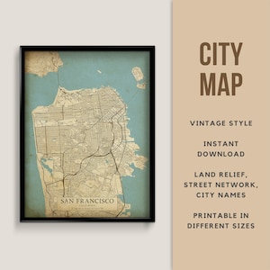 Vintage Stil Karte von San Francisco, Kalifornien, USA - sofortiger Download ~ Strassen Karte ~ Wand Kunst ~ Poster ~ Karte Poster ~ Karte Karte