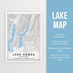 Druckbare Karte von Lake Hāwea, Otago, Neuseeland - Sofort Download \ Lake Map \ Map Poster \ Lake House Decor \ LakeLife \ Angeln \ Bootfahren