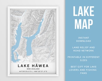Printable Map of Lake Hāwea, Otago, New Zealand - Instant Download \ Lake Map \ Map Poster \ Lake House Decor \ LakeLife \ Fishing \ Boating