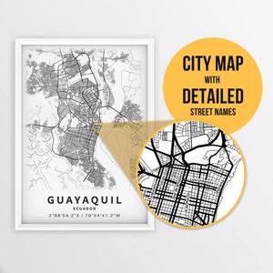 Printable Map of Guayaquil, Ecuador with Street Names - Instant Download \ City Map \ Travel Gift \ City Poster \ Road Map Print \ Wall Art