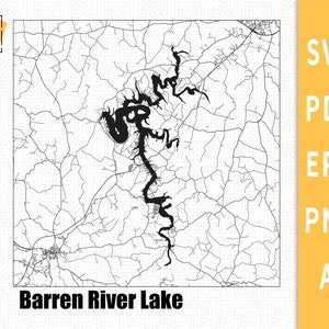 Geschichtete Karte des Barren River Lake, Kentucky mit Straßen, Karte VektorDatei - SVG \ PDF \ PNG \ Cutting \ Lake Silhouette \ Kommerzielle Lizenz