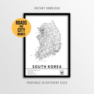 Póster de mapa de Corea del Sur, mapa de carreteras imprimible con nombres de ciudades (descarga instantánea)