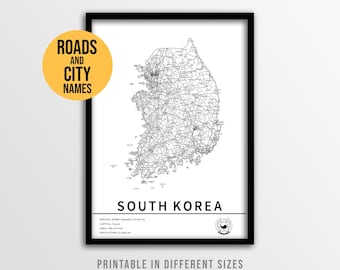 Südkorea Karte Poster, druckbare Land Straßenkarte mit Städtenamen (Instant Download)