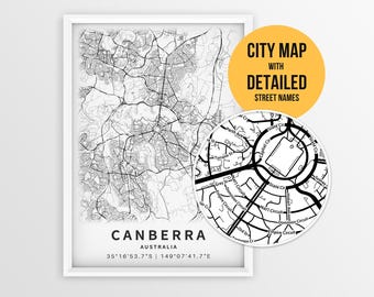 Canberra Australia Map with Street Names, Printable Canberra City Poster (Instant Download)
