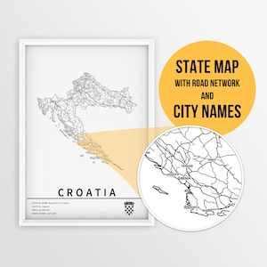 Carte imprimable de la Croatie avec noms de villes et routes - Téléchargement instantané \ Carte du pays \ Carte PushPin \ Cadeau de Croatie \ Planificateur de voyage \ Art mural
