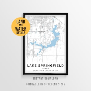 Póster con el mapa del lago Springfield, decoración imprimible para casa en el lago de Illinois (descarga instantánea)