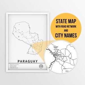 Carte imprimable du Paraguay avec les noms des villes et des routes - téléchargement immédiat \ carte du pays \ impression de carte \ carte à épingles \ planificateur de voyage \ art mural