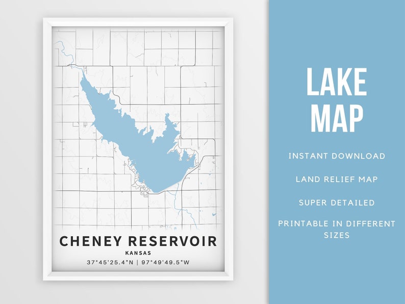Printable Map of Cheney Reservoir Kansas United States Etsy
