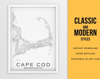 Printable map of Cape Cod, Massachusetts USA city map - Instant Download \ Street Map \ Wall Art \ Map Poster