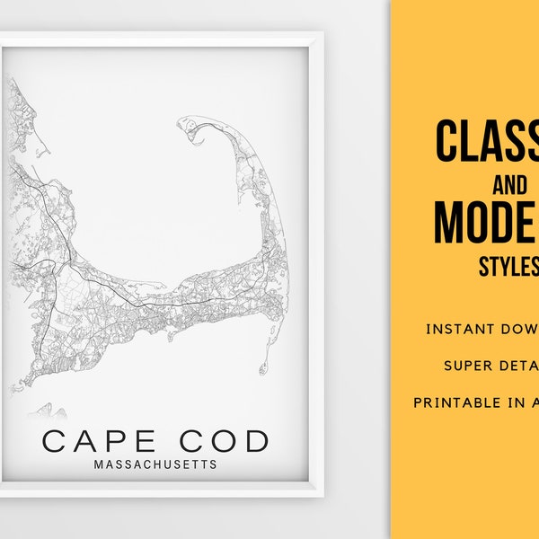 Printable map of Cape Cod, Massachusetts USA city map - Instant Download \ Street Map \ Wall Art \ Map Poster