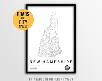 New Hampshire Map Poster, Printable USA State Road Map with City Names (Instant Download)