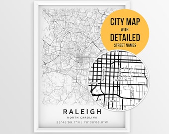 Raleigh North Carolina Map with Street Names, Printable Raleigh City Poster (Instant Download)