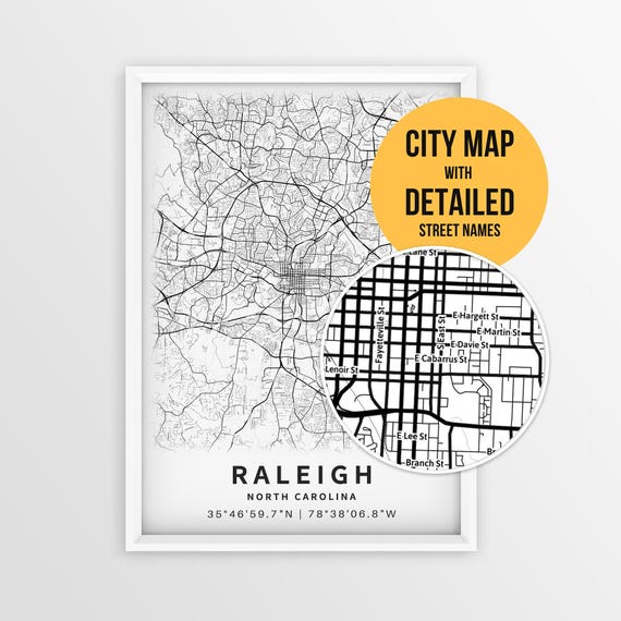 Raleigh North Carolina Map with Street Names, Printable Raleigh City Poster (Instant Download)