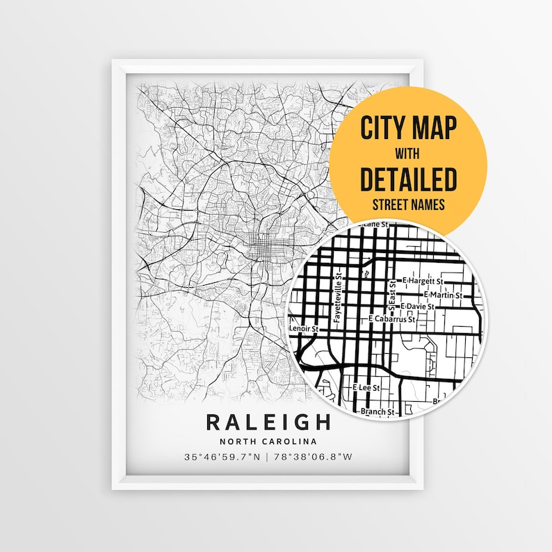 Raleigh North Carolina Map with Street Names, Printable Raleigh City Poster (Instant Download) image 1