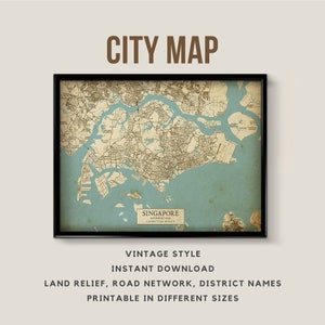 Printable Vintage Style Map of Singapore - Instant Download \ Street Map \ Wall Art \ Map Poster \ Antique Style \ Map Print \ Singapore Map
