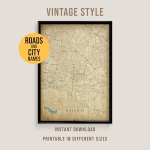 Raleigh, North Carolina Vintage Style Map, Printable Raleigh City Poster (Instant Download)