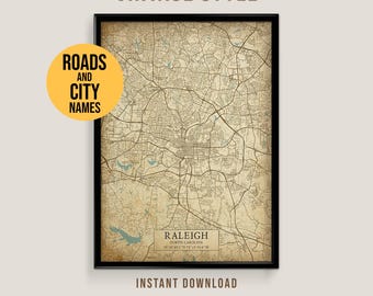 Raleigh, North Carolina Vintage Style Map, Printable Raleigh City Poster (Instant Download)
