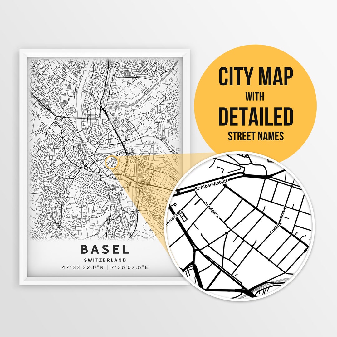 Printable Map of Basel, Switzerland With Street Names Instant