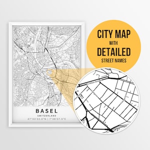 Mapa para impressão de Basileia, Suíça com nomes de ruas - download instantâneo \ Mapa da cidade \ Presente de viagem \ Cartaz da cidade \ Impressão de mapa de estradas \ Arte de parede