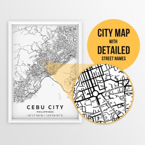 Mapa para impressão da cidade de Cebu, Filipinas com nomes de ruas - download instantâneo \ Mapa da cidade \ Presente de viagem \ Cartaz da cidade \ Impressão de mapa de estradas