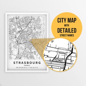 Druckbare Karte von Straßburg, Frankreich mit Straßennamen - Sofort Download \ City Map \ Travel Gift \ City Poster \ Road Map Print \ Wall Art