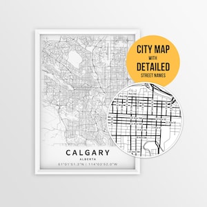 Puede incluir: Una impresión en blanco y negro del mapa de la ciudad de Calgary, Alberta, con nombres de calles detallados. La impresión incluye una vista de cerca de una sección del mapa de la ciudad. El texto "CALGARY" y las coordenadas se muestran en la parte inferior.