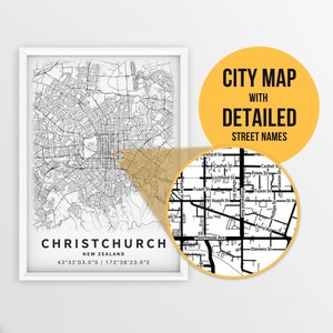 Christlich Church, Neuseeland Karte mit Strassennamen zum Downloaden Karte ~ Stadt Karte ~ Stadt Poster ~ Strasse Karte