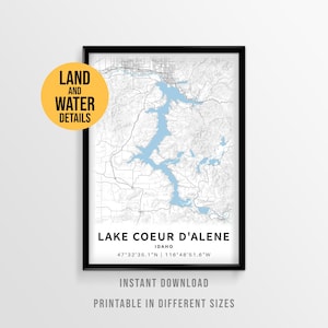 Lake Coeur d'Alene Map Poster, Printable Idaho Lake House Decor (Instant Download)