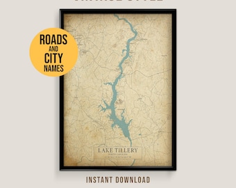 Lake Tillery Vintage Style Map, Printable North Carolina Lake Poster (Instant Download)