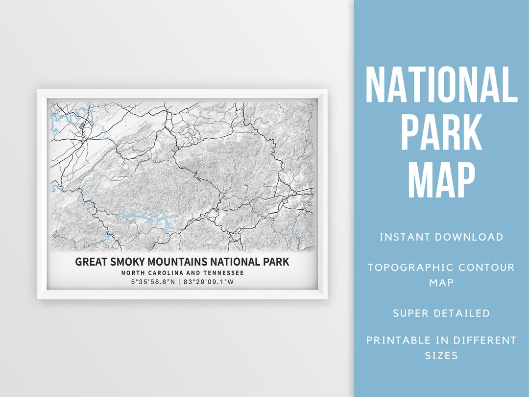 Printable Map Great Smoky Mountains National Park, Topography Poster ...
