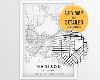 Madison Wisconsin Map with Street Names, Printable Madison City Poster (Instant Download)