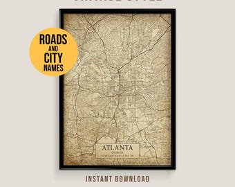 Atlanta, Georgia Vintage Style Map, Printable Atlanta City Poster (Instant Download)