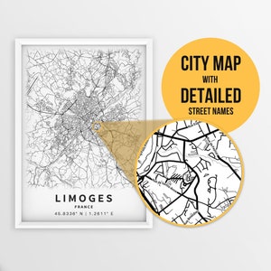 Mapa imprimível de Limoges, França com nomes de ruas - download instantâneo \ Mapa da cidade \ Presente de viagem \ Cartaz da cidade \ Impressão de mapa de estradas \ Mapa de ruas