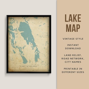 Mapa de estilo vintage del lago Winnipeg, Manitoba, Canadá con nombres de ciudades - Descarga instantánea \ Mapa del lago \ Arte de la pared \ Cartel del lago \ Casa del lago
