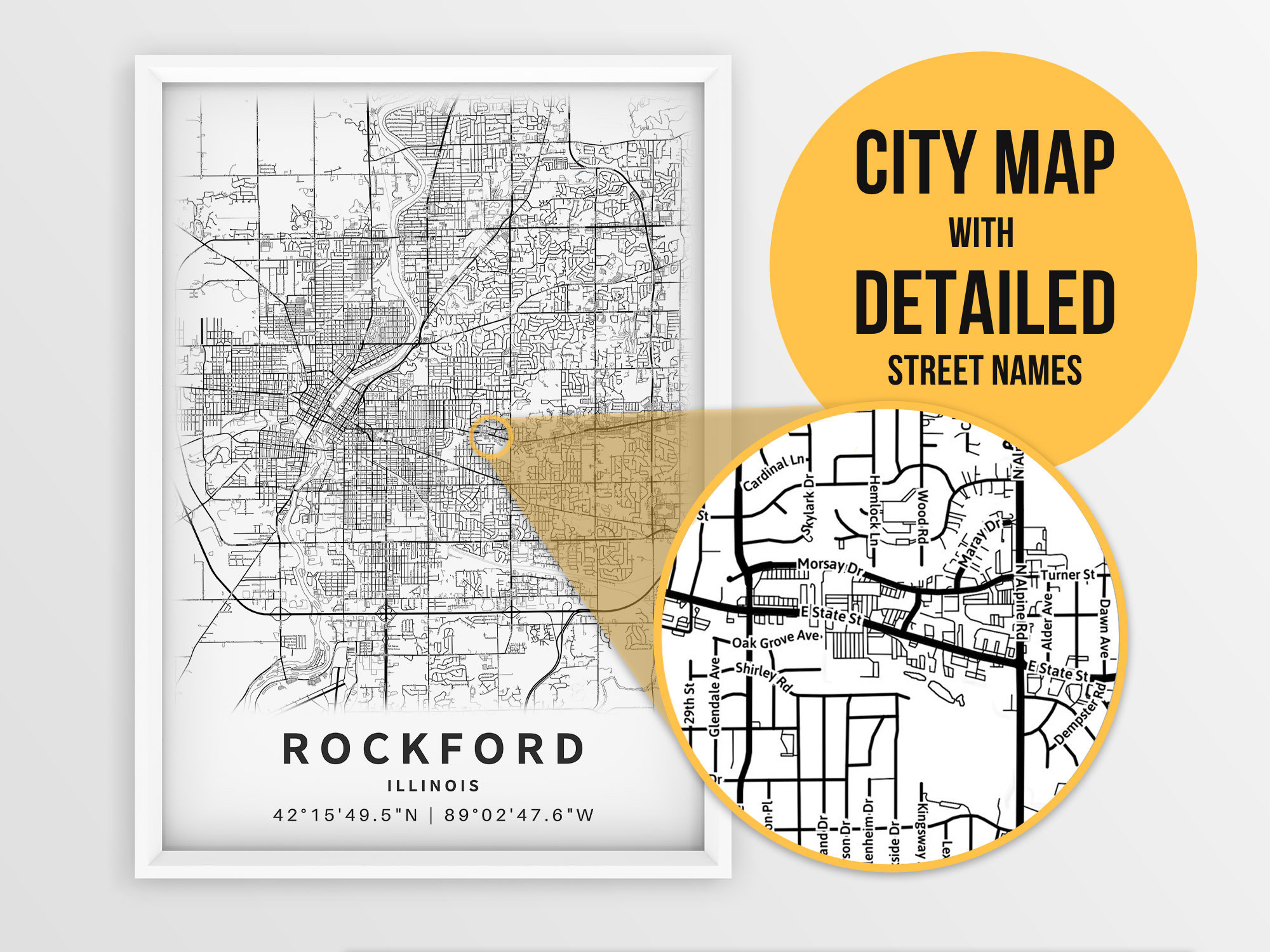 Printable Map of Rockford Illinois USA With Street Names Etsy