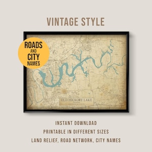 Old Hickory Lake Vintage Style Map, Printable Tennessee Lake House Poster (Instant Download)