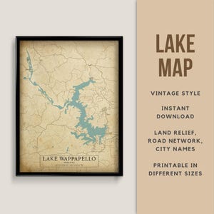 Mapa de estilo vintage imprimible del lago Wappapello, Missouri, EE. UU. con nombres de ciudades - Descarga instantánea \ Mapa del lago \ Arte de pared \ Mapa rústico