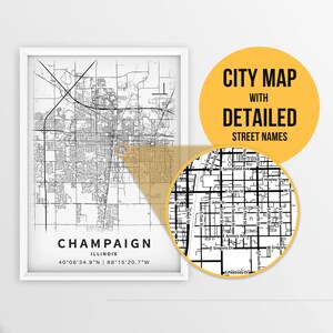 Afdrukbare kaart van Champaign, Illinois, VS met straatnamen - Instant Download \ Stadsplattegrond \ Reiscadeau \ Stadsposter \ Routekaart afdrukken