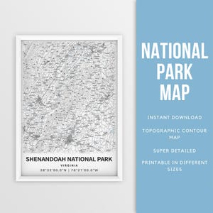 Carte imprimable du parc national de Shenandoah, affiche de la topographie de Shenandoah en Virginie - téléchargement immédiat \ carte des contours \ affiche de carte \ Blue Ridge