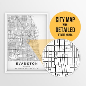 Mappa stampabile di Evanston, Illinois, Stati Uniti con i nomi delle strade - Download istantaneo \ Mappa della città \ Regalo di viaggio \ Poster della città \ Stampa cartina stradale