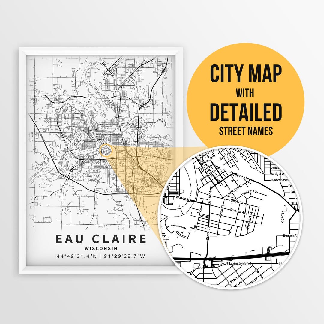 Printable Map of Eau Claire, Wisconsin, USA With Street Names Instant