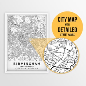 Mapa imprimible de Birmingham, Inglaterra, Reino Unido con nombres de calles - Descarga instantánea \ Mapa de la ciudad \ Regalo de viaje \ Cartel de la ciudad \ Impresión de hoja de ruta