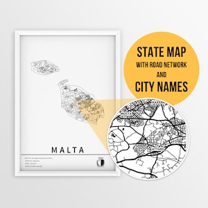 Malta Karte mit Städtenamen und Straßen zum Ausdrucken - zum sofortigen Download