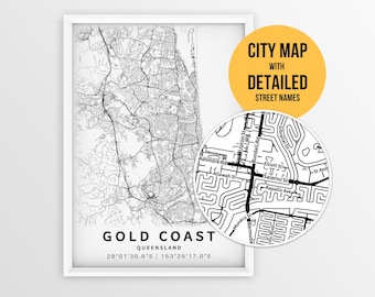 Gold Coast Australia Map Poster, Queensland City Map with Street Names (Instant Download)