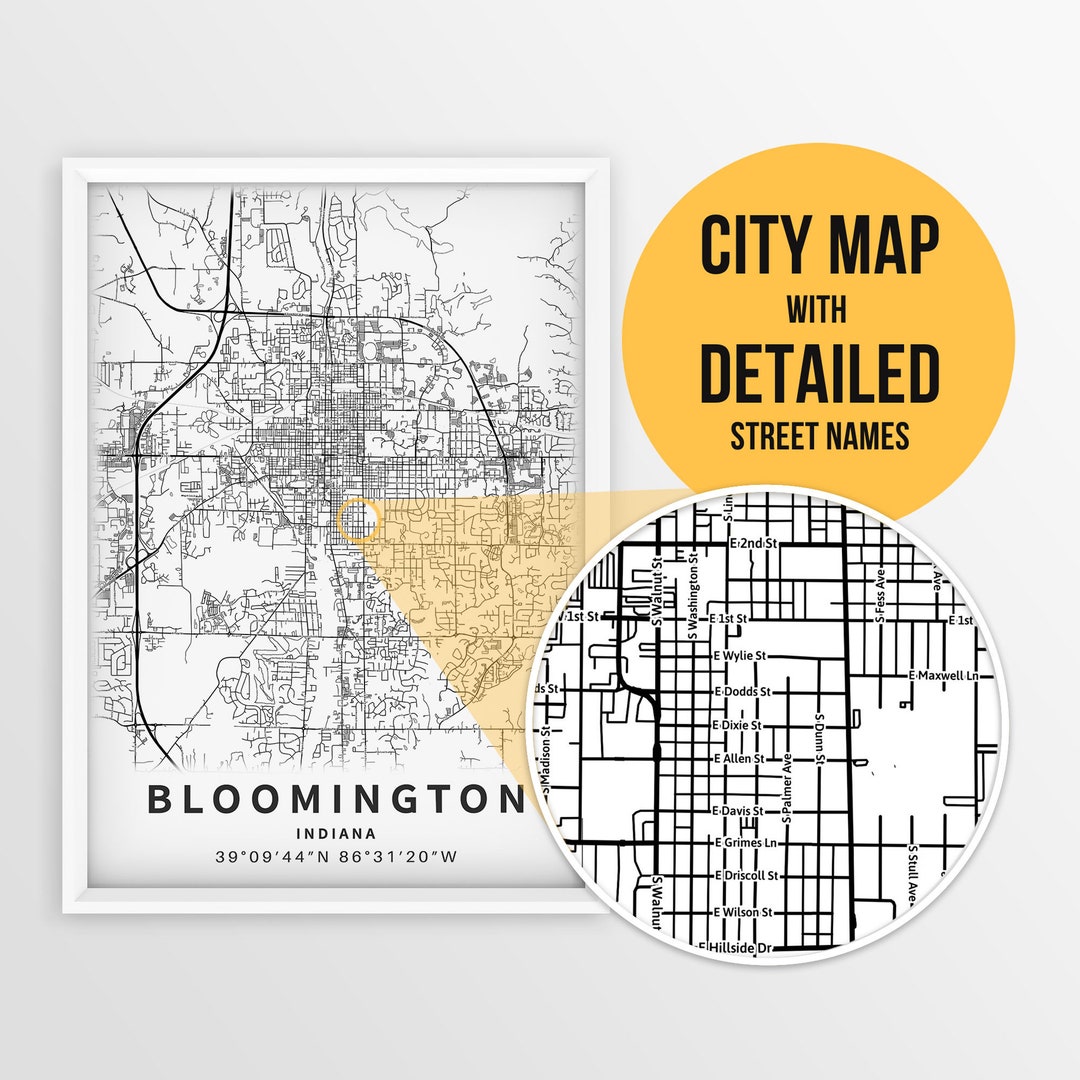 Printable Map of Bloomington, Indiana, USA With Street Names Instant