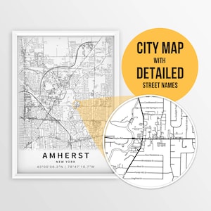 Carte imprimable d'Amherst, New York, États-Unis avec les noms de rue - téléchargement immédiat \ plan de la ville \ cadeau de voyage \ affiche de la ville \ impression de carte routière