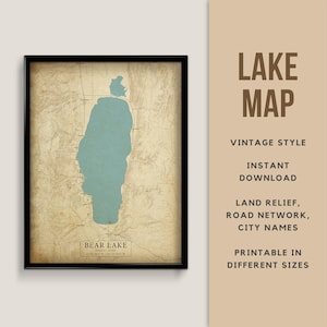 Vintage Stil Karte von Bear Lake, Utah, Idaho, USA mit Städtenamen - Sofort Download \ Lake Map \ Wall Art \ Printable Poster \ Map print